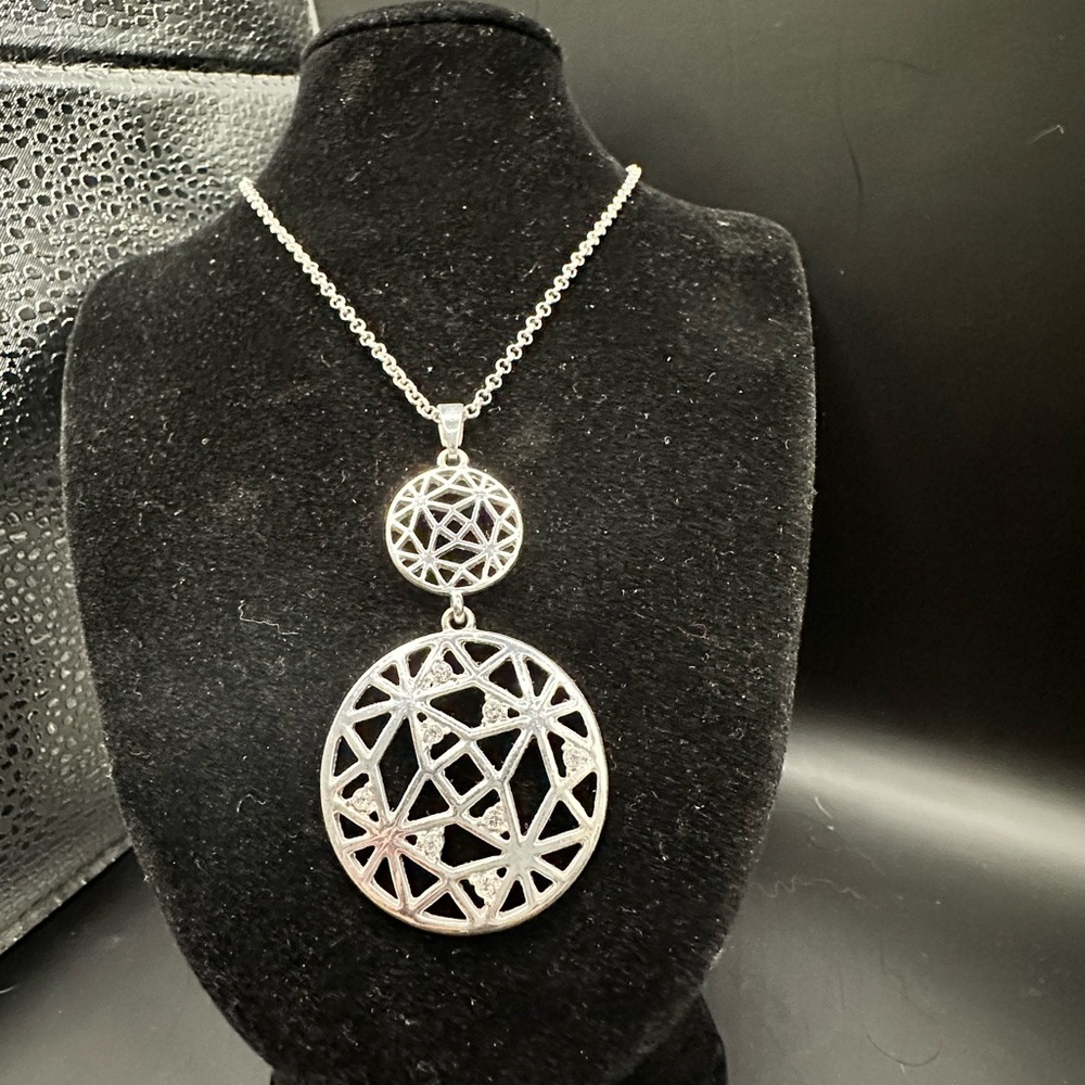 Long Elegant Silver Pendant Necklace with rhinestone accents